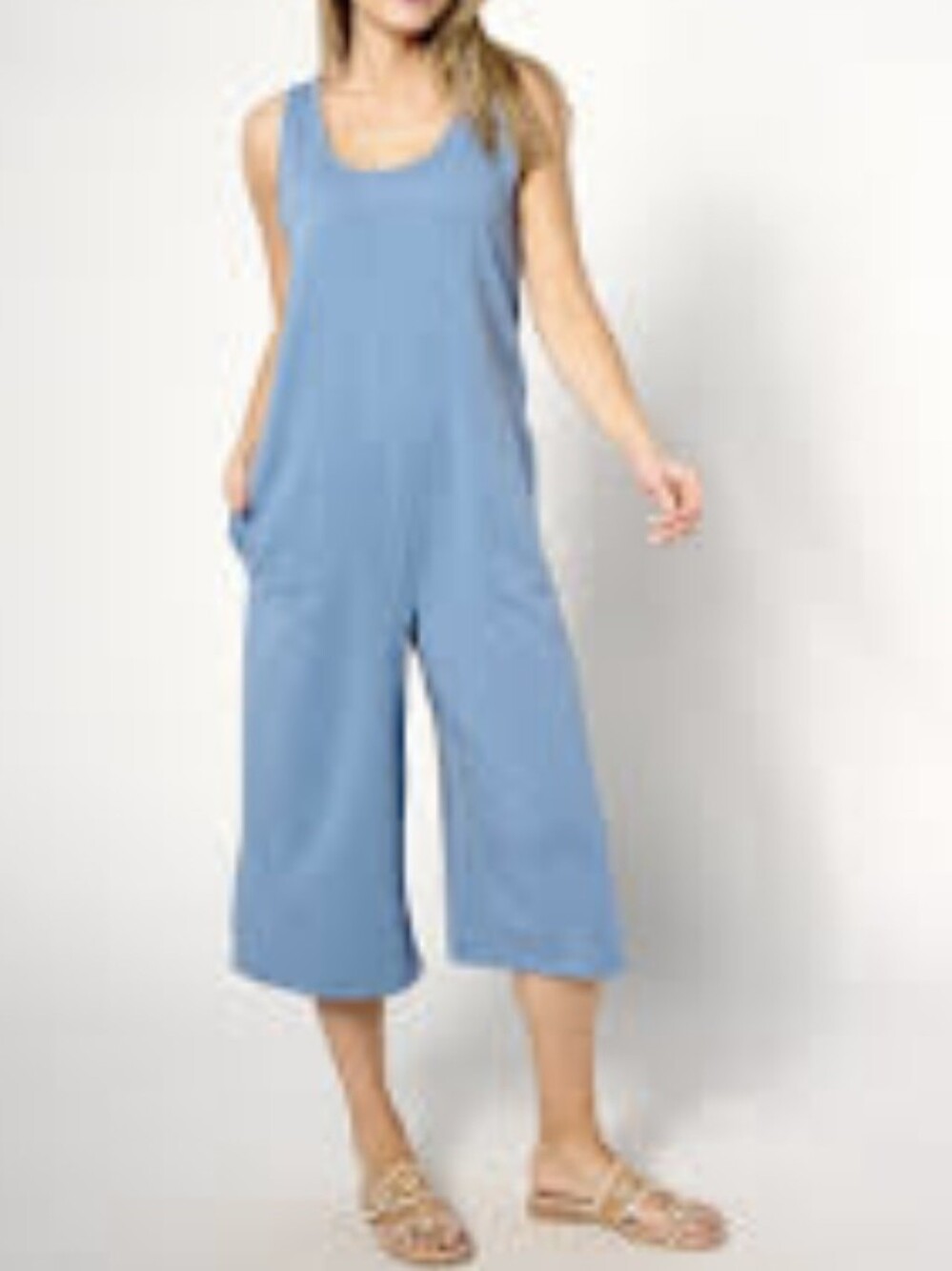 ANYBODY  Women's Lounge Beach Blue Cotton One-Piece Crop Jumpsuit Size